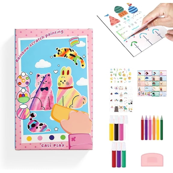Rainbow Squeeze Art Kit, 2026 New Upgrade Rainbow Art Kit Magic Rainbows Scratch Paper Art Set, Creative Squeegee Painting Kit DIY Postcards Scratch for Birthday Party Favors Novelty
