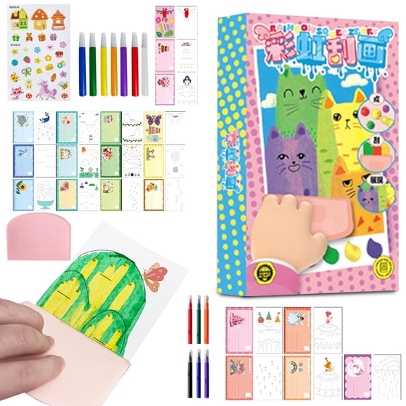 Rainbow Squeeze Art Kit, 2026 Upgrade Magic Rainbow Scratch Paper Art Set, 35pcs Creative Squeegee Painting Kit DIY Postcards Scratch Art Party Favors Novelty Birthday Gifts (Set B)