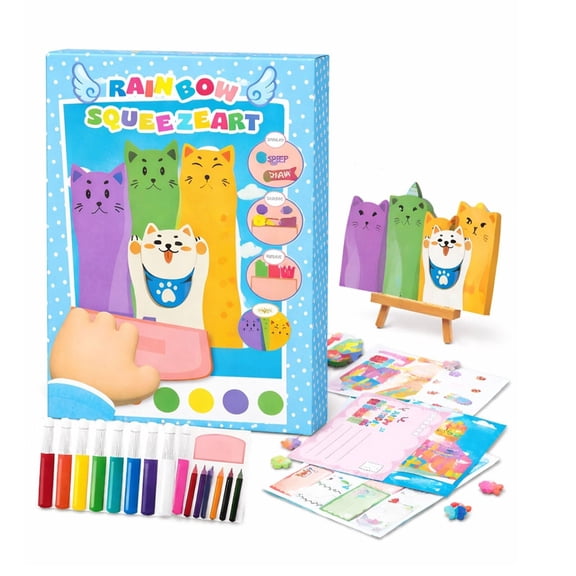 Rainbow Squeeze Art Kit, 2026 Upgrade Magic Rainbow Scratch Paper Art Set, Creative 35pcs Squeegee Painting Kit and Sticker DIY Postcards Scratch Art Party Favors Novelty Birthday Gifts