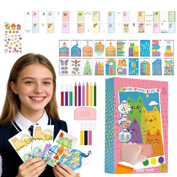 Rainbow Squeeze Art Kit, 2026 Upgrade Magic Rainbow Scratch Paper Art Set, Creative Squeegee Painting Kit DIY Postcards, 35pcs Scratch Art Party Favors and Sticker for Little Creators (Ser A)