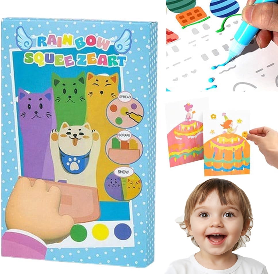 Rainbow Squeeze Art Kit, 2026 Upgrade Magic Rainbow Scratch Paper Art Set, Creative Squeegee Painting Kit DIY Postcards Scratch Art Party Favors Novelty Birthday Gifts (Blue)