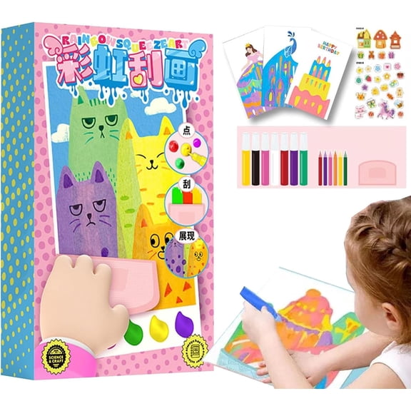 Rainbow Squeeze Art Kit 20pcs – DIY Squeegee Painting Set with Color Scratch Paper & Tools, Creative Craft Activity, Stress Relief Art Supplies, Postcard Design