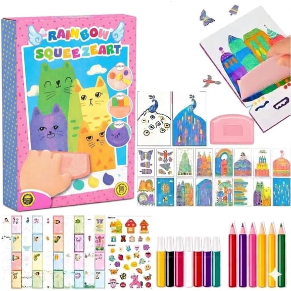 Rainbow Squeeze Art Kit - 20pcs Upgrade Creative Rainbow Art Kit Magic Rainbows Scratch Paper Art Set, DIY Postcards Scratch Art Creative Squeegee Painting Kit for Art Activity Kit Party