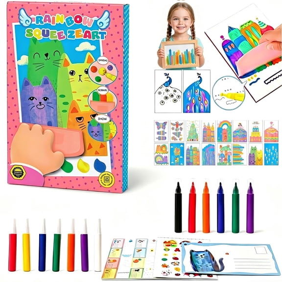 Rainbow Squeeze Art Kit - Creative Squeegee Painting Craft Kit, DIY Magic Rainbow Scratch Art, Fun Arts and Crafts, Birthday Party Favors & Gifts