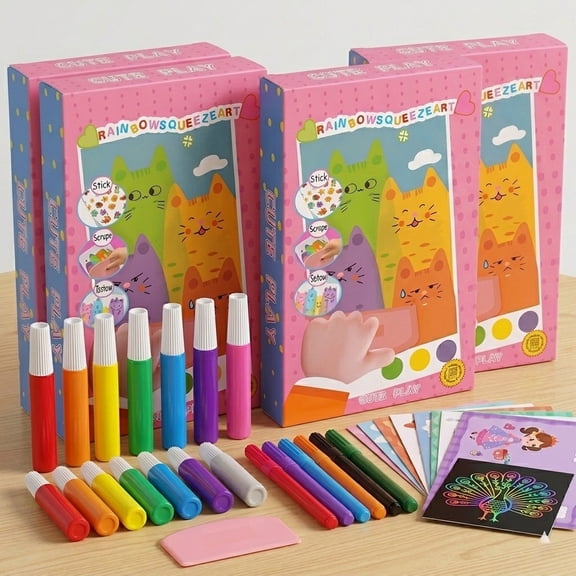 Rainbow Squeeze Art Kit - DIY Squeegee Painting Set, Magic Color Floating Masterpieces, Creative Art & Craft Gift with Paint, Squeegee, and Postcards