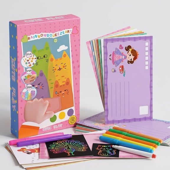Rainbow Squeeze Art Kit - DIY Squeegee Painting Set, Magic Color Floating Masterpieces, Creative Art & Craft Gift with Paint, Squeegee, and Postcards