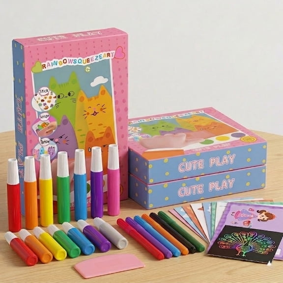 Rainbow Squeeze Art Kit - DIY Squeegee Painting Set, Magic Color Floating Masterpieces, Creative Art & Craft Gift with Paint, Squeegee, and Postcards