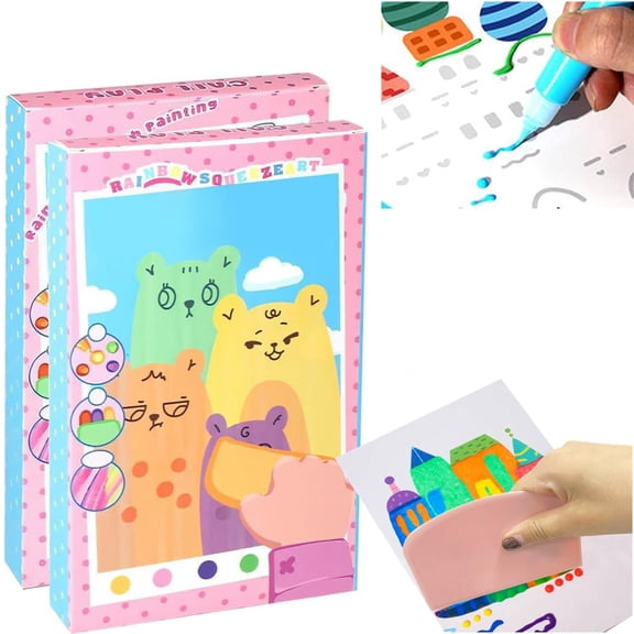 Rainbow Squeeze Art Kit - Magic Scratch Paper Art Set, Creative Squeegee Painting DIY Postcards for Kids Party Favors Birthda