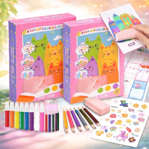Rainbow Squeeze Art Kit – Magic Scratch Paper Art Set with Squeegee, 20 Postcards, 7 Paint Bottles & 6 Watercolor Pens, Creative DIY Gift for Kids