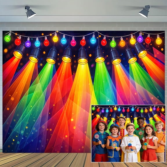 Rainbow Stage Backdrop Concert Stage Disco 2026 Bible Lighting Background 70s 80s 90s Sunday School Religious Bible Verse Vacation Holiday Classroom Room Wall Decor Photo Booth Prop, 7x5ft