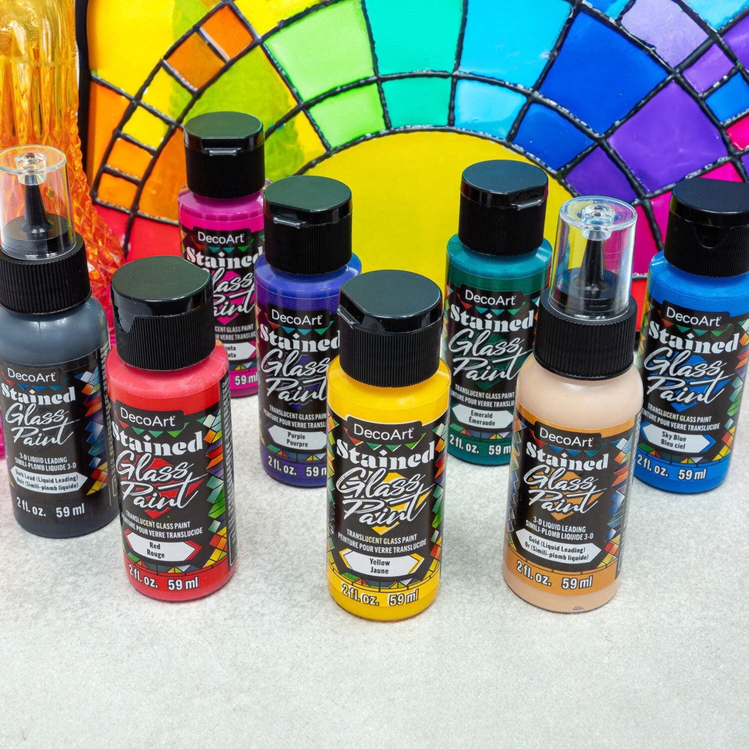DecoArt Stained Glass Acrylic Paint Set, 12-Piece, 2 fl oz each – 10 Transparent Gloss Paints with 2 Liquid Dimensional Leadings for Glass, Windows & Craft Art