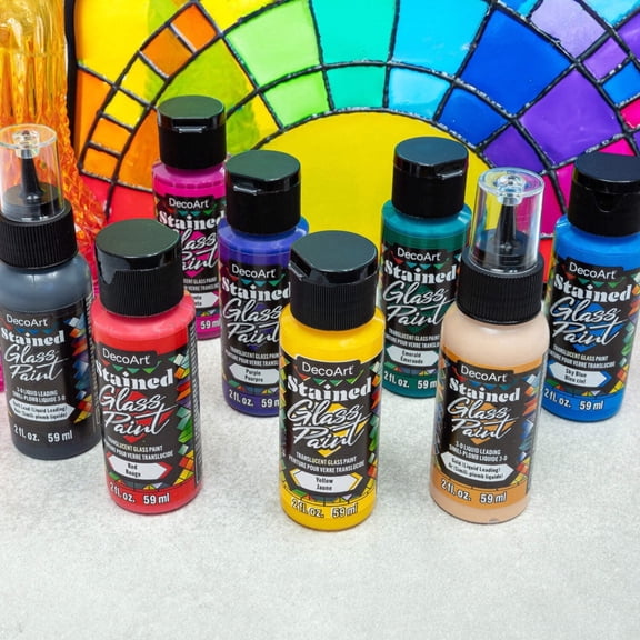 DecoArt Stained Glass Acrylic Paint Set, 12-Piece, 2 fl oz each 10 Transparent Gloss Paints with 2 Liquid Dimensional Leadings for Glass, Windows & Craft Art