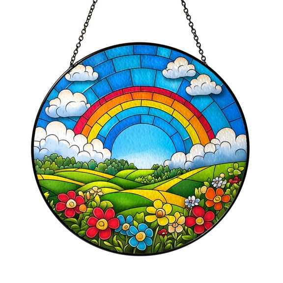Rainbow Stained Glass Round Suncatcher – Colorful Window Panel with Flowers & Clouds, Nature Inspired Home Decor Gift