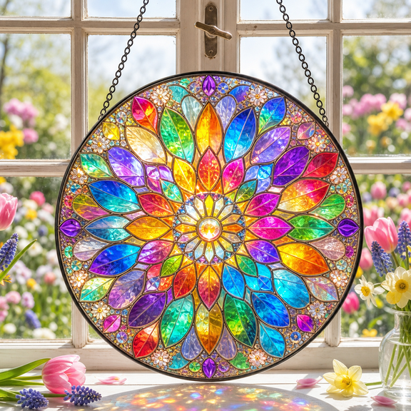 Rainbow Stained Glass Suncatcher Hanging Window Decor for Flower Garden Sunlight