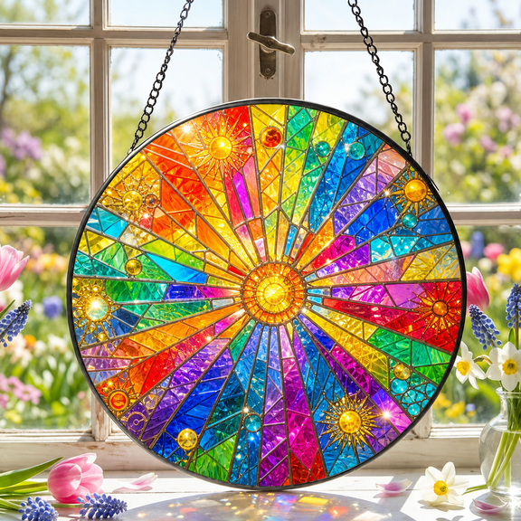 Rainbow Stained Glass Suncatcher Sunburst Window Hanging for Bright Summer Light