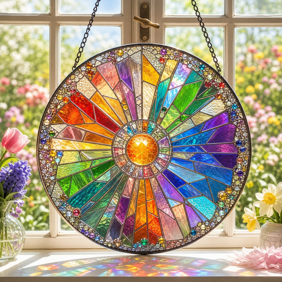 Rainbow Stained Glass Suncatcher Window Hanging for Sunroom Decor and Sunny Rooms