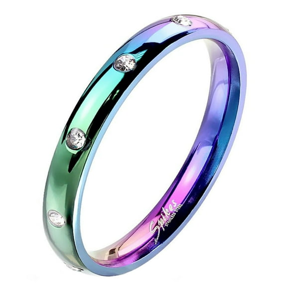 Rainbow Eternity Anniversary Ring Womens Stainless Steel Cubic Zirconia Wedding Band Fantasy Forge Jewelry