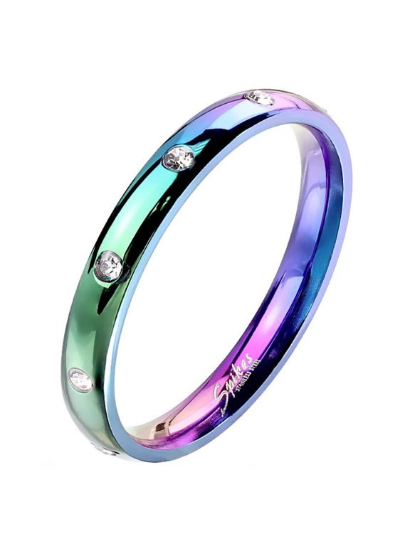 Rainbow Stainless Steel CZ Stone Wedding Band - Eternity Fashion Ring