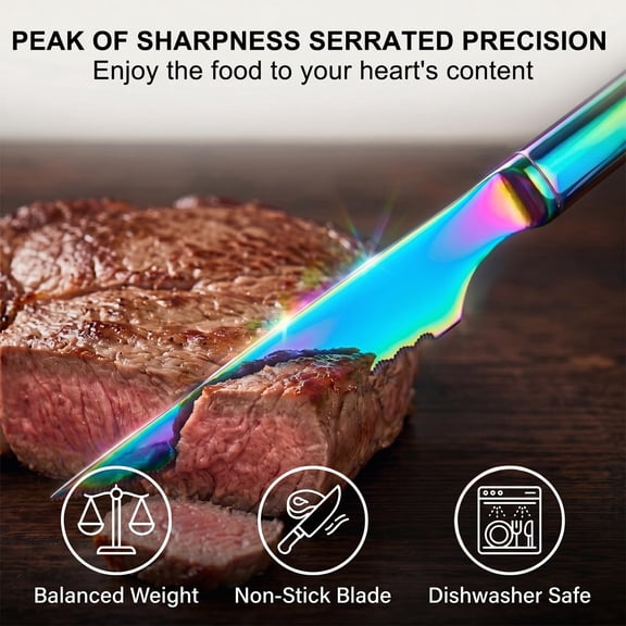 Rainbow Stainless Steel Steak Knives Set 6 Piece Dinner Cutlery for Kitchen Table