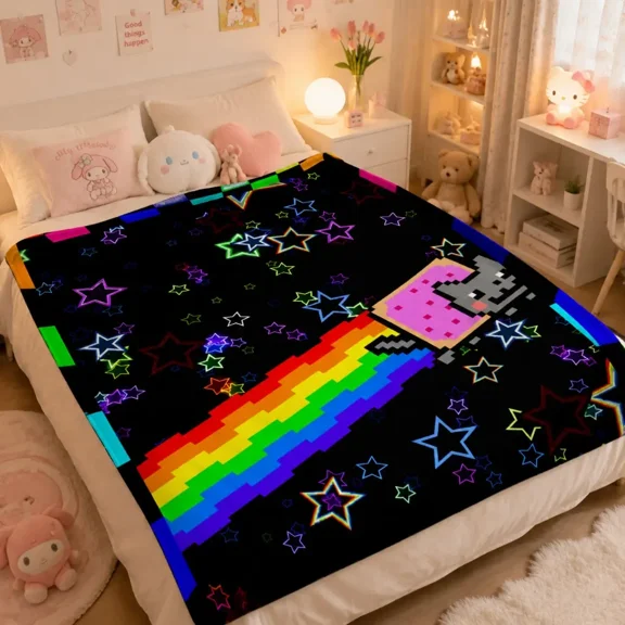 Rainbow Star Nyan Cat Pixel Flannel Blanket - Ultra Soft Warm Throw, Retro Video Game Aesthetic Gaming Room Cozy Setup Meme-Ready Decor, Vivid Print Stays, Christmas Gift for Cat Lovers
