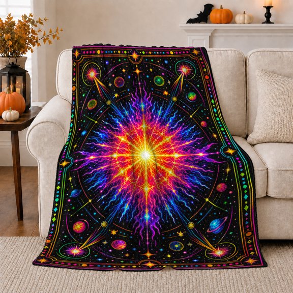 Rainbow Starburst Explosion with Planets, Energetic Celestial Style for Space Lovers, Cosmic Light Scene and Birthday Gift, Cozy Flannel Blanket for Game Room and Bedroom, Celestial Home Decor