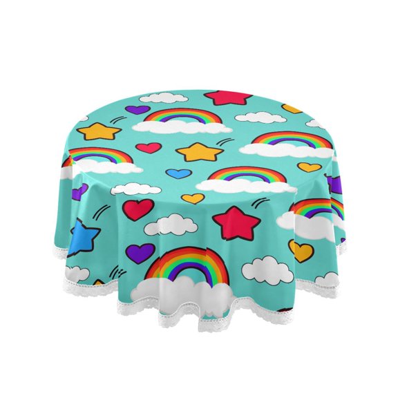 Rainbow Stars Round Lace Tablecloth 60 Inch Polyester Wrinkle Resistant Decorative
