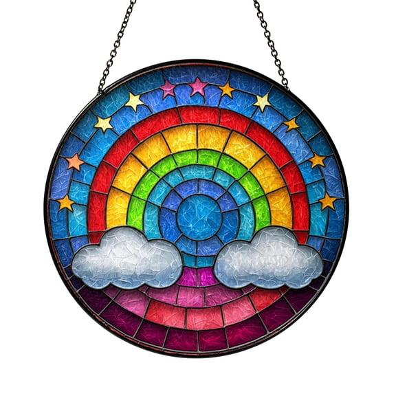 Rainbow and Stars Stained Glass Suncatcher Window Hanging, Colorful Sky and Cloud Art Glass Panel with Rainbow Arch, Celestial Sky Design Decorative Window Ornament for Home Decor Gift