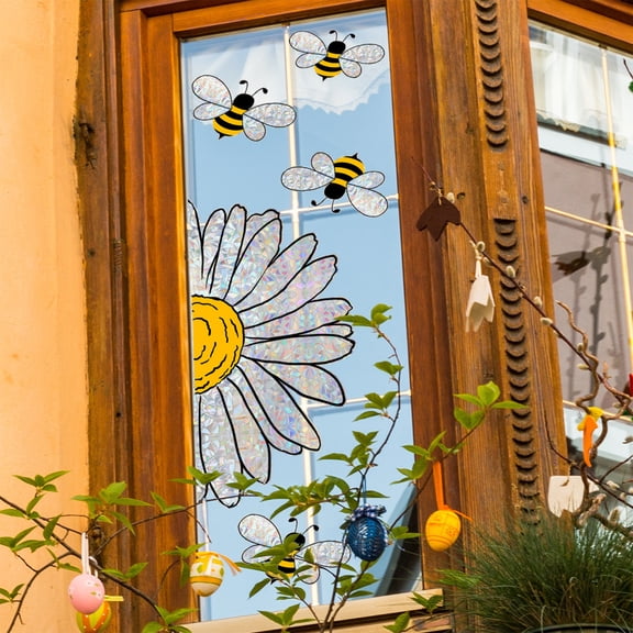 Rainbow Static Cling Window Decal,Sunflower Bee Decorative Window Vinyl, Stained Glass Window Sticker Non-Adhesive for Home