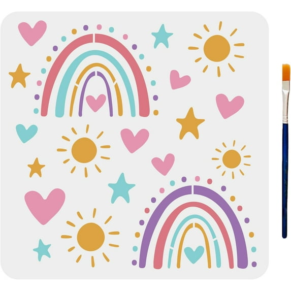 Rainbow Stencil Template Stars Sun Heart Painting Stencil 11.8×11.8inch with Paint Brush Craft Stencils for DIY Scrapbooking Furniture Wall Floor Decor