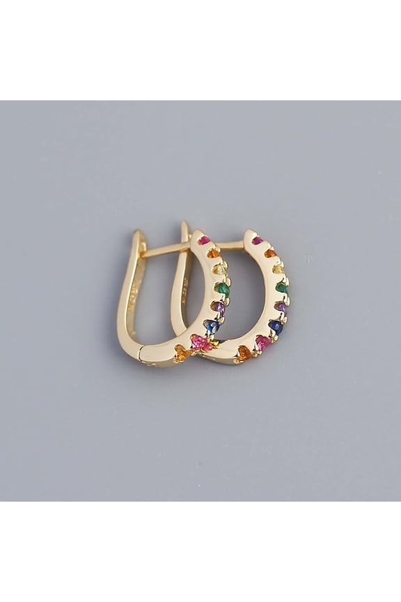 Rainbow Stone Hoop Earrings, Gold Huggie Hoops, Rainbow CZ Earrings, Colorful CZ Hoop Earrings, Sterling Silver Huggie Hoop Earrings, Unique Design