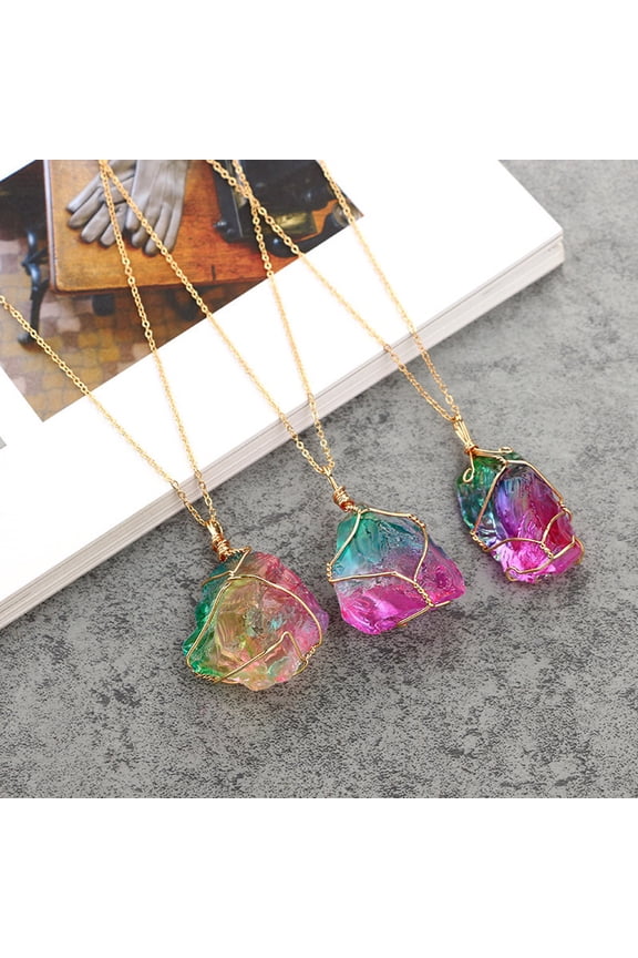 Rainbow Stone Natural Rock Necklace Gold Plated Quartz, Alloy, Blue, One Size, Pendant