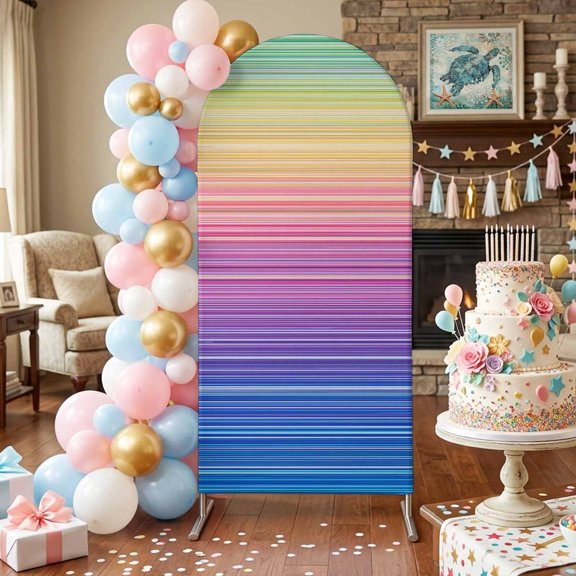 Rainbow Striations Arch Backdrop Covers 6 FT, Retro Dark Purple Neon Bands Stretchy Fitted Arched Stand Covers Party Arch Stand Cover Photo Booth for Wedding Birthday Decor