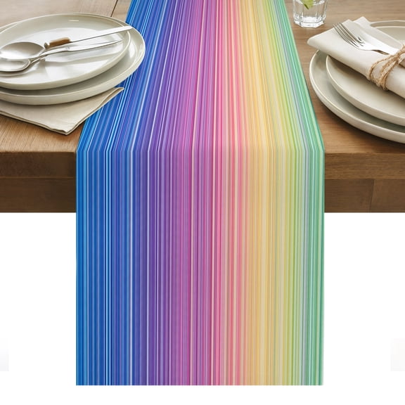 Rainbow Striations Cotton Linen Table Runner Retro Dark Purple Neon Bands Dining Table Runners for Home Decor Party Dining Room Restaurant Kitchen Party 13" x 36"