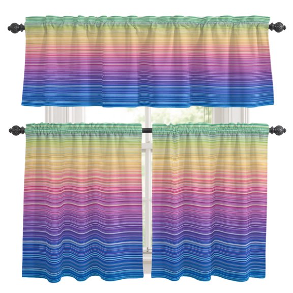Rainbow Striations Kitchen Curtains Set for Windows, Retro Dark Purple Neon Bands Curtains Valance and Tier 3 Piece Set Small Drapes 36 Inch Length for Kitchen Bedroom Decor