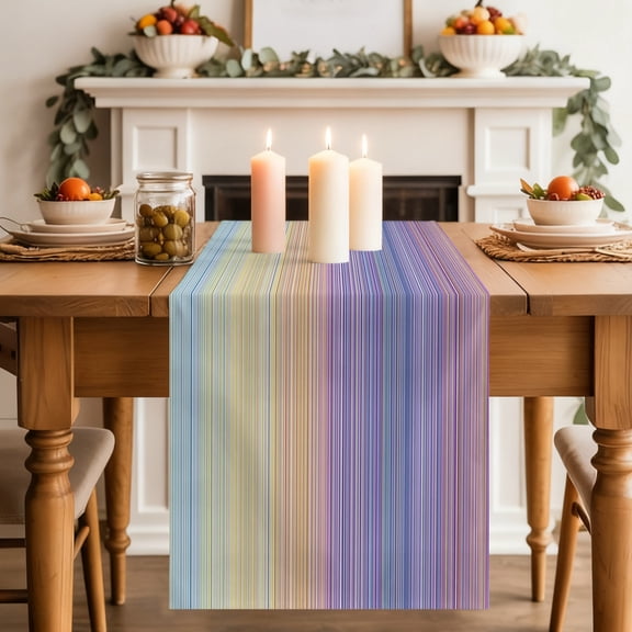Rainbow Striations Table Runner, Minimalist Retro Dark Purple Neon Bands Washable Cotton-linen Table Runners Dining Kitchen Decoration for Everyday Home Wedding Party Decor, 13 x 36 Inch