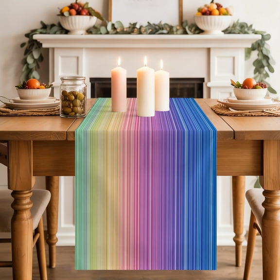 Rainbow Striations Table Runner, Retro Dark Purple Neon Bands Washable Cotton-linen Table Runners Dining Kitchen Decoration for Everyday Home Wedding Party Decor, 13 x 120 Inch