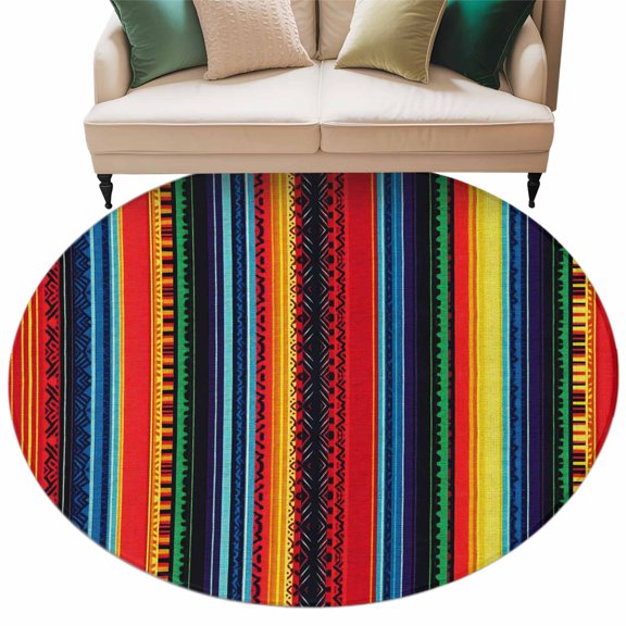Rainbow Stripe Area Rug, Yellow Blue Red Stripe Vintage Minimalist Washable Large Circle Carpet, Non Slip Round Rug for Living Room/Bedroom/Dining Room/Home Office/Dorm