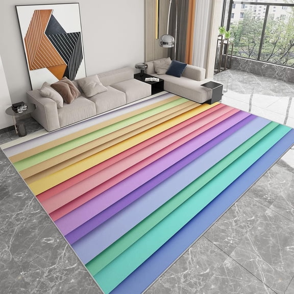 Rainbow Stripe Area Rugs, Cartoon Geometric Rainbow Stripe Carpet, Washable Non Slip Low Pile Soft Rug for Living Room Bedroom Office Decor Mat 4x5ft