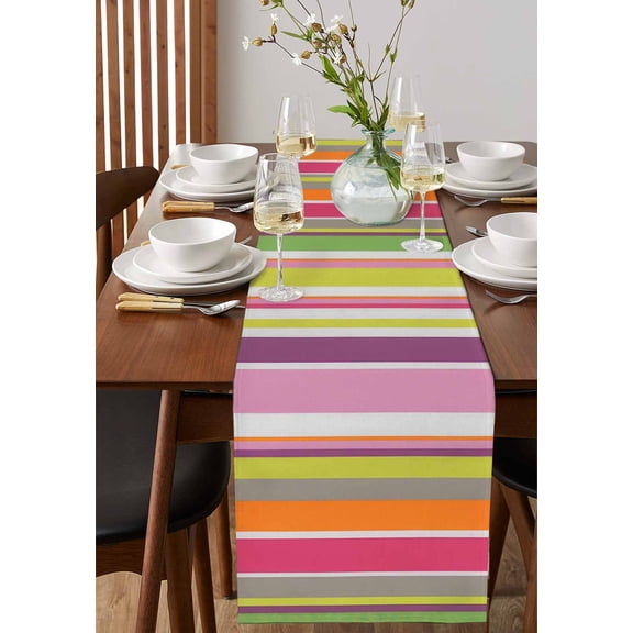 Rainbow Stripe Colorful Line Table Runner 13x36in Non-Slip Cotton Linen Table Runners, Watercolor Stripes Seamless Dresser Scarves TableRunner for Dinner Kitchen Dining Wedding Party