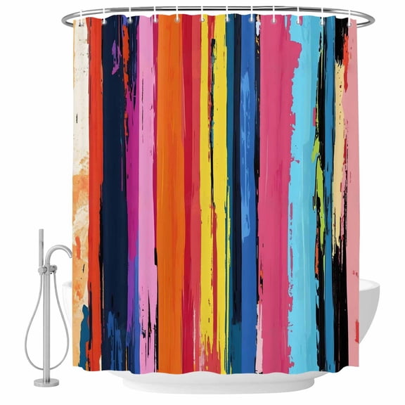 Rainbow Stripe Graffiti Bathroom Shower Curtains with Hooks, Oil Painting Striped Modern Art Waterproof Fabric Washable Shower Curtain for Home Hotel Bathtub Decor 72x72 Inch