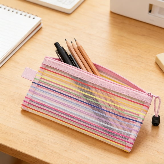 Rainbow Stripe Mesh Pencil Pouch, Semi-transparent Polyester Pencil Case, Multi-use Travel Small Item Storage Bag, 8.9x4.7Inch