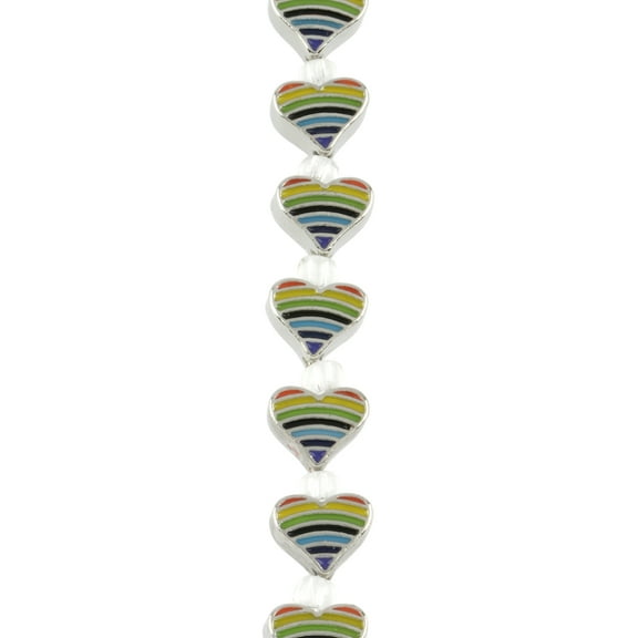 Rainbow Stripe & Rhodium Heart Beads - 9mm by Bead Landing 12pc