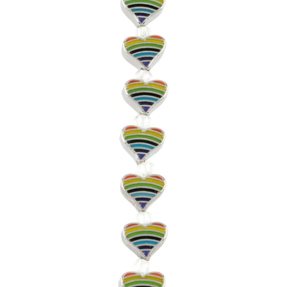 Rainbow Stripe & Rhodium Heart Beads - 9mm by Bead Landing 12pc