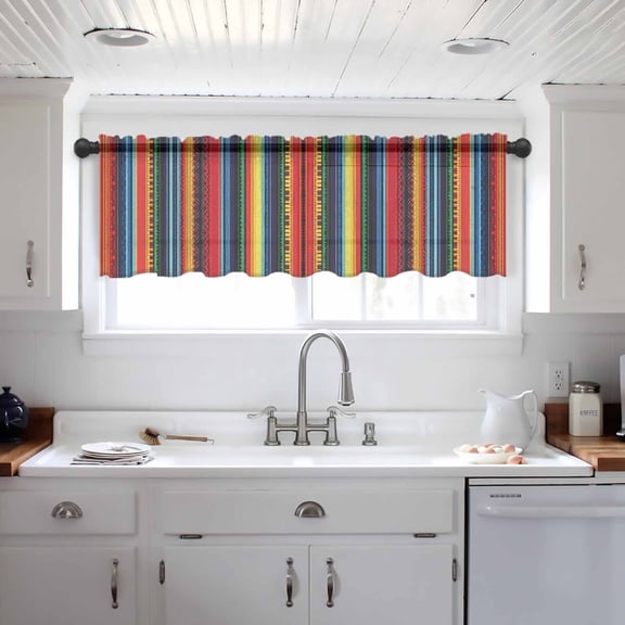 Rainbow Stripe Valance Curtains for Kitchen/Living Room/Bathroom/Bedroom Window, Boho Minimalist Geometric Line Rod Pocket Small Topper Half Short Window Curtains Voile Sheer Scarf 42"x12"