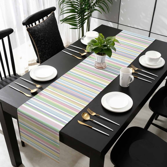 Rainbow Striped Cotton Linen Table Runner 18 x 72 inch Geometric Blue Pink Green Purple Yellow Non-slip Rectangular Dining Table Decor for Wedding Party Holiday Dinner