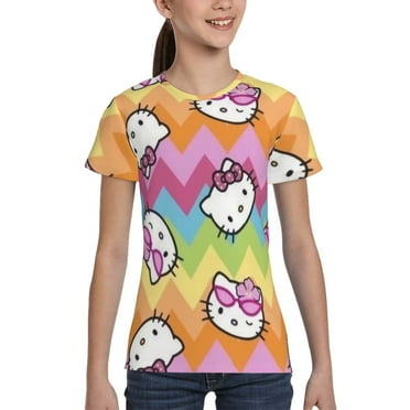 Rainbow Striped Hello Kitty Girls Shirts,Cool 3D Graphic Short Sleeve Tee Shirt Tops 6-16 Years,XS