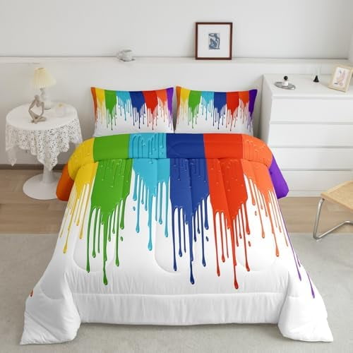 Rainbow Striped Kids Comforter Set,Colorful Abstract Graffiti Art Bedding Set All Season,Modern Geometric Comforter 2 Pcs with 1 Pillowcase,Artistic Duvet Insert,Toddler Size
