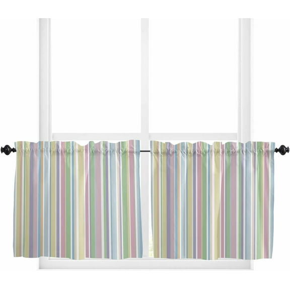 Rainbow Striped Kitchen Curtain 36 Inch Length Small Short Cafe Tiers Curtains Drape, Geometric Blue Pink Green Purple Yellow Window Treatment Rod Pocket Drapery Panels Curtains, 27.5x36