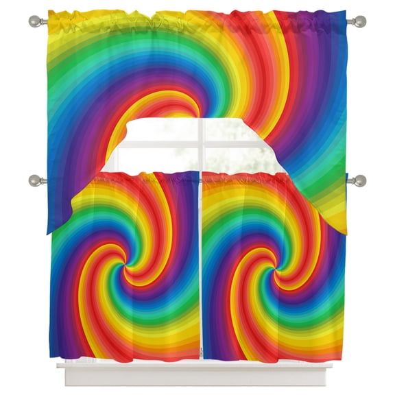 Rainbow Striped Kitchen Curtains Swag Valance and Tier Curtains Set 36 Inch Length, Colorful Abstract Spiral Aesthetic Art Rod Pocket Drape Panels Pair Swag Curtains for Bathroom/Cafe/Window