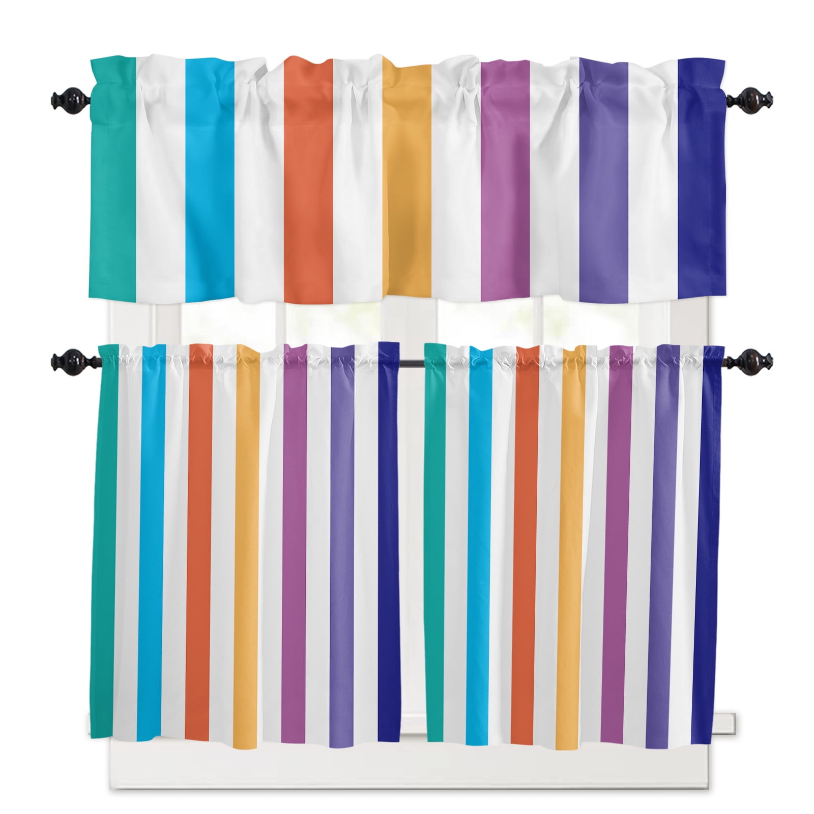 Rectangular Curtains Rainbow Striped Kitchen Curtains Valance and Tier Set Colorful ...